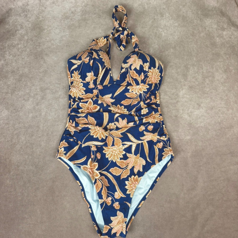 Cupshe Women Navy Blue Floral Halter One Piece Swimsuit Tummy Control Size M NEW